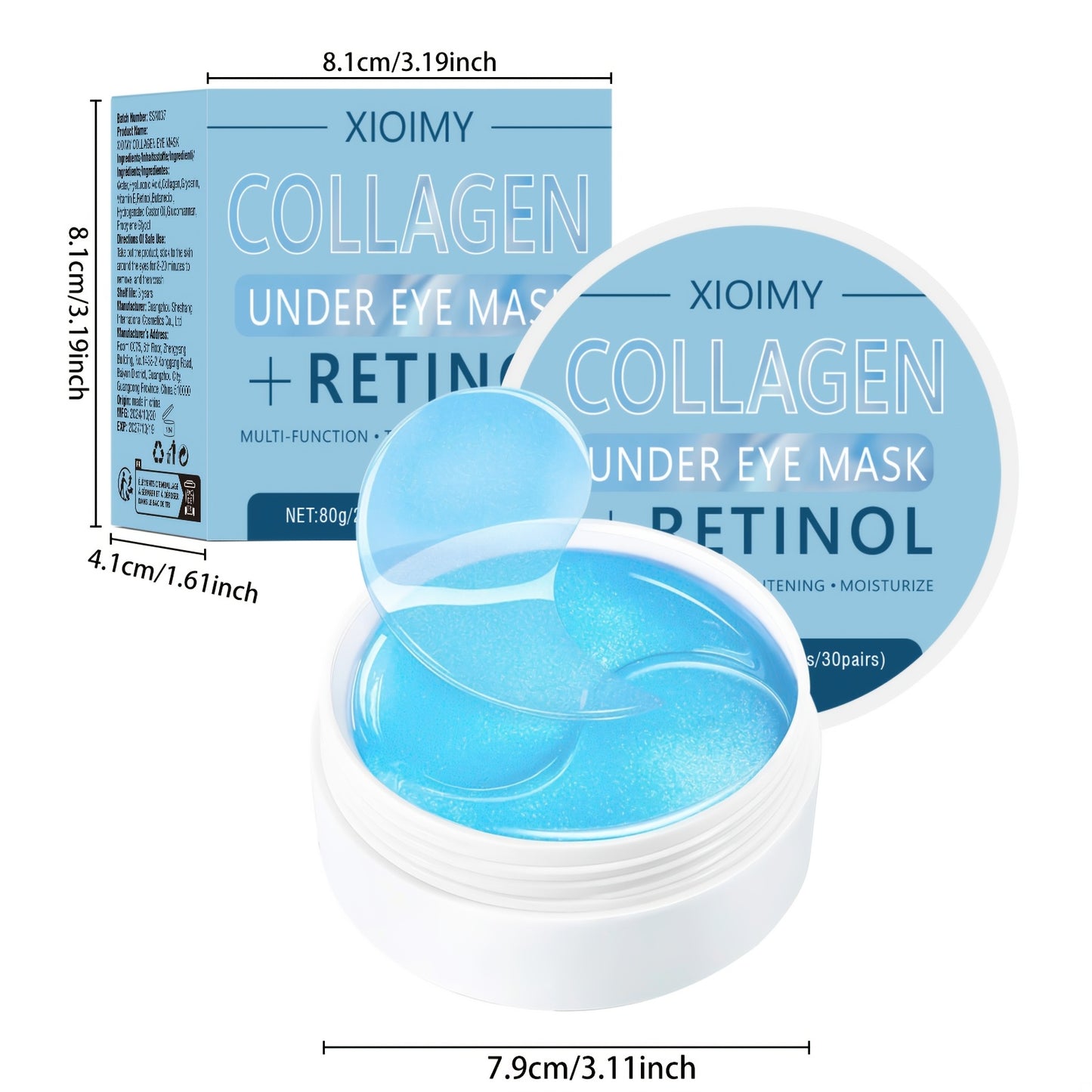 XIOIMY 60pcs Collagen & Retinol Eye Masks for deep hydration, firming, and all skin types, hypoallergenic formula.