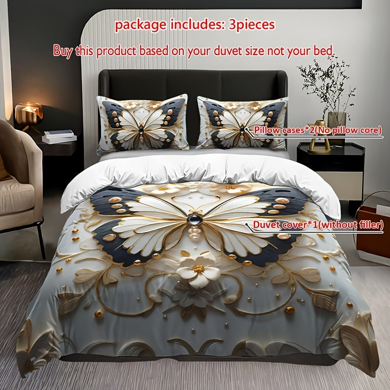 Butterfly floral duvet cover set with animal print, insect theme, and breathable polyester. Includes 1 duvet cover and 2 pillowcases. All-season and machine washable. Digital print