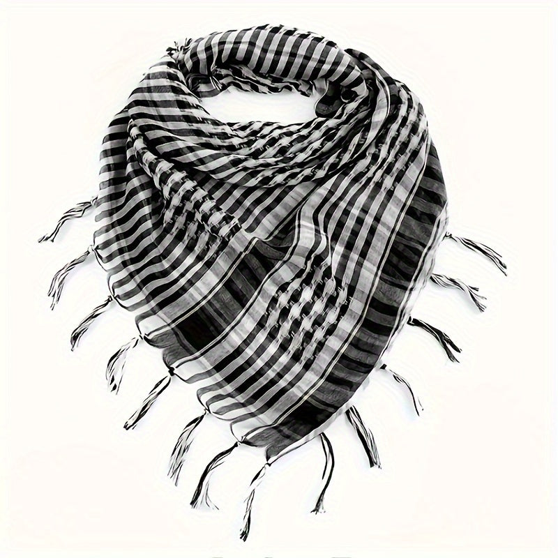 Lightweight Tactical Plaid Scarf - Windproof, Sand-Proof, All-Season Polyester Neck Warmer with Fringe Detail.