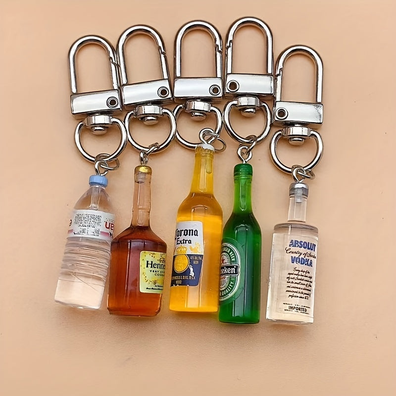 Set of 5 Miniature Beverage Bottle Keychain Set, Made of Resin & Alloy, Ideal for Keys, Phones, Bags, Great for Parties and Unique Gifts