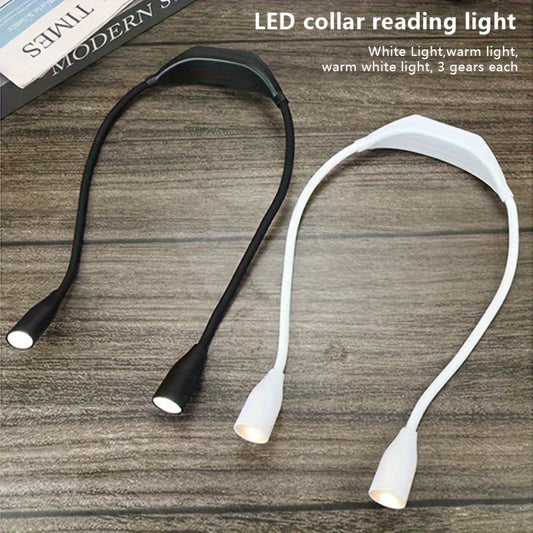 Dual color LED neck light for reading and work, suitable for outdoor activities and night running. Features battery power, adjustable strap, metallic reflector, plastic material, and button switch control.