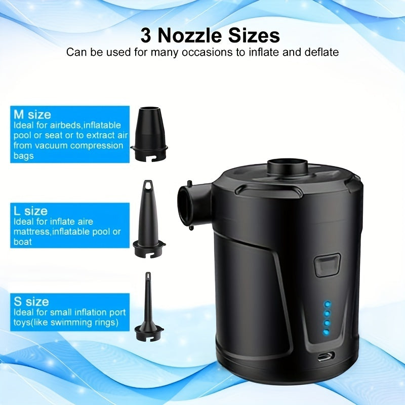 Portable dual-purpose electric pump for swimming pool, air mattress, etc. - 5200mAh rechargeable battery, black.