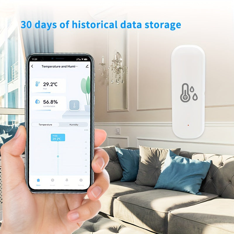 Tuya Wi-Fi Smart Temperature and Humidity Sensor for Smart Home Automation, works with Alexa and Google Assistant, app-controlled, battery powered, no hub needed.