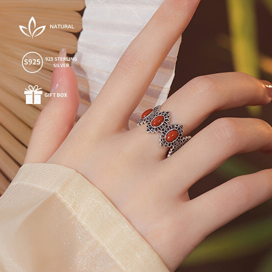 This S925 sterling silver ring features a unique South Red Agate in a vintage ethnic style. It is an ideal gift for anniversary, girlfriend, mother, or teacher. Perfect for daily wear and special occasions, with an approximate weight of 5.1g. Please note