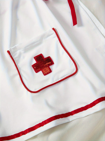 Sexy nurse cosplay costume with bow spaghetti strap design.