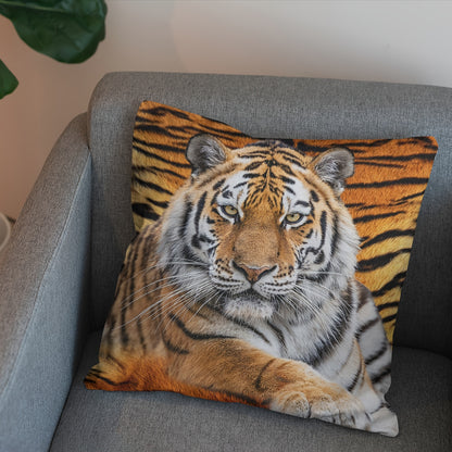 Tiger-themed plush pillow cover, 45.72x45.72 cm, zippered with single-sided print, ideal for sofa or bedroom, machine washable.