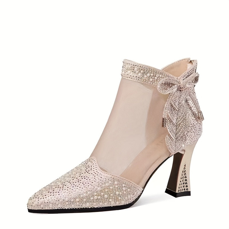 Women's Rhinestone Mesh Boots - Mid Heel, Glitter Hollow Out High Heels.