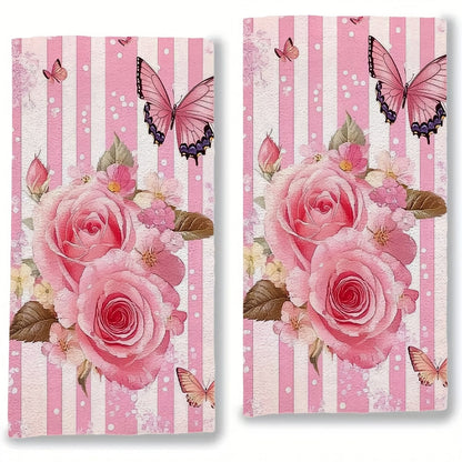 Set of 2 Kitchen Towels featuring pink roses and butterflies. Ideal for holiday decor, these ultra soft and highly absorbent dish hand towels are perfect for your kitchen. Machine washable and measuring 16x24 inches. Get the 2KYSYS1225249 design as a