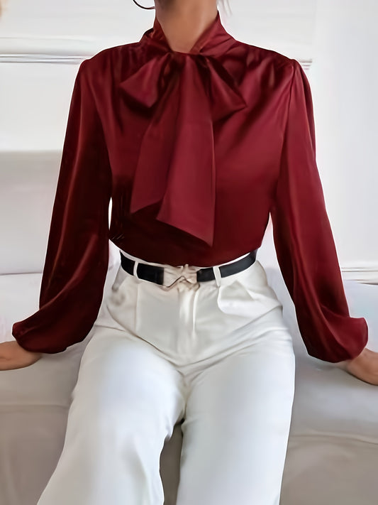 Solid color tie-neck blouse, women's clothing for spring and fall.