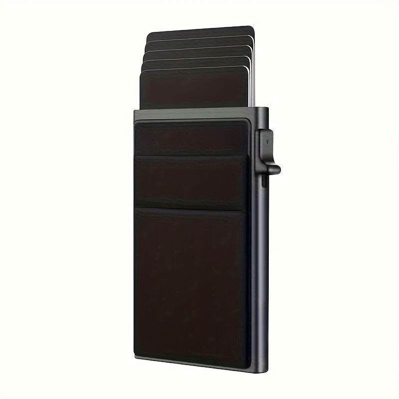 Innovative men's black aluminum wallet with RFID blocking, dual layer back, and card holder.