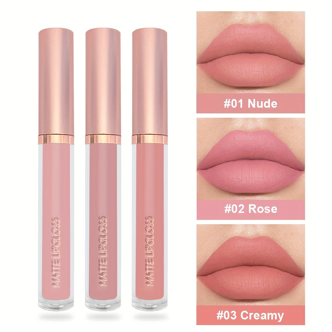 3-piece matte lipstick lip gloss set, waterproof and non-stick cup. Matte velvety finish, long-lasting and fade-resistant. Perfect for Valentine's Day or Mother's Day gifts for women.