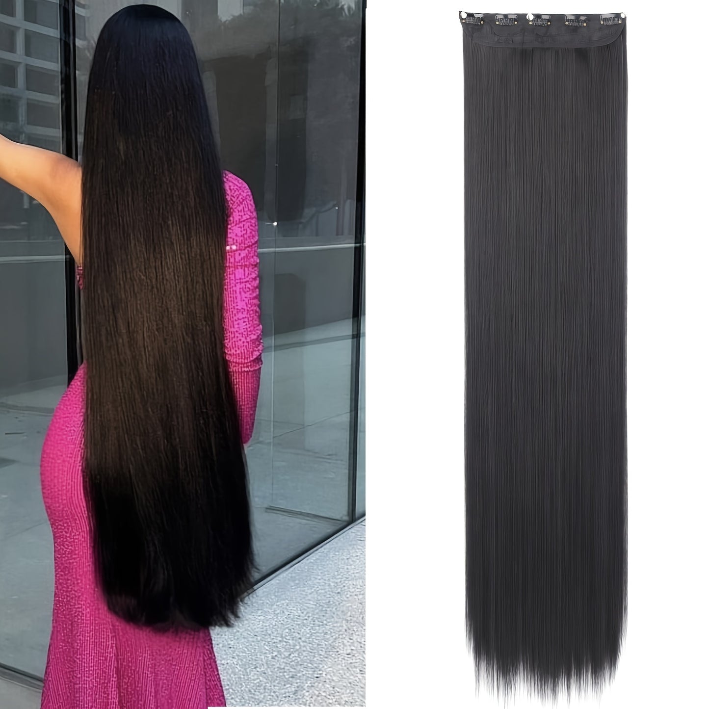 Elegant natural looking synthetic clip-in hair extensions for daily use, 32 inch long straight pieces with 5 clips.