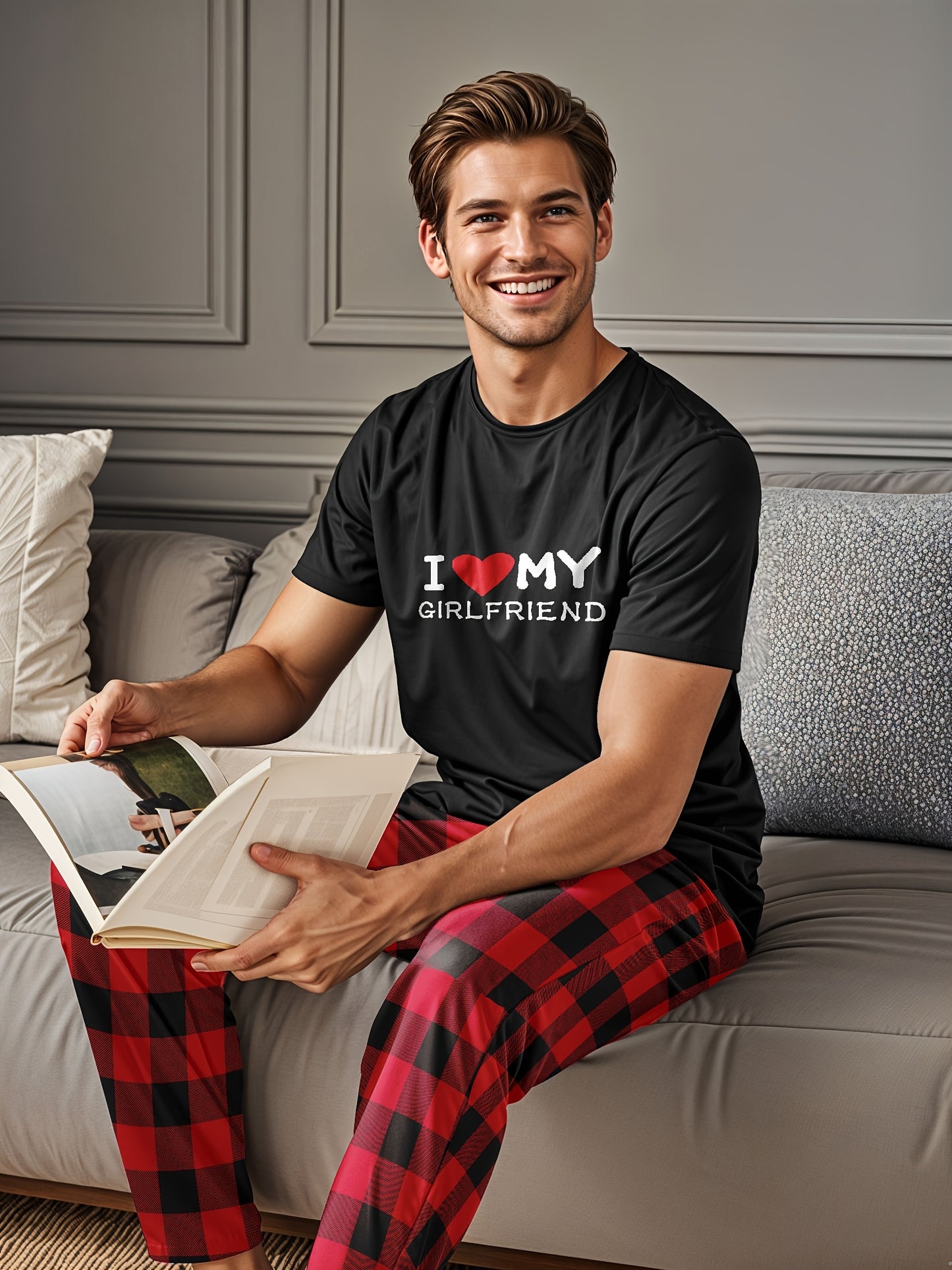 Men's and Women's couple's pajama set with "I Love My Girlfriend" printed t-shirt and red checkered pants, made of polyester knit fabric with crew neck, regular fit, medium stretch, 97%