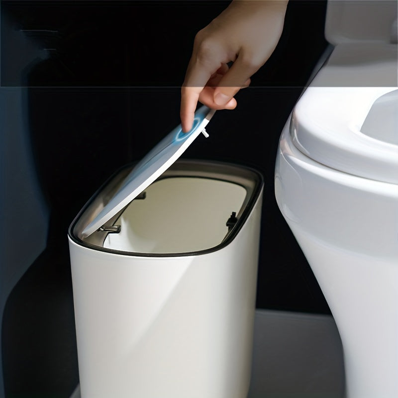 Slim plastic trash can with lid for small spaces, ideal for bedrooms, bathrooms, and living rooms.