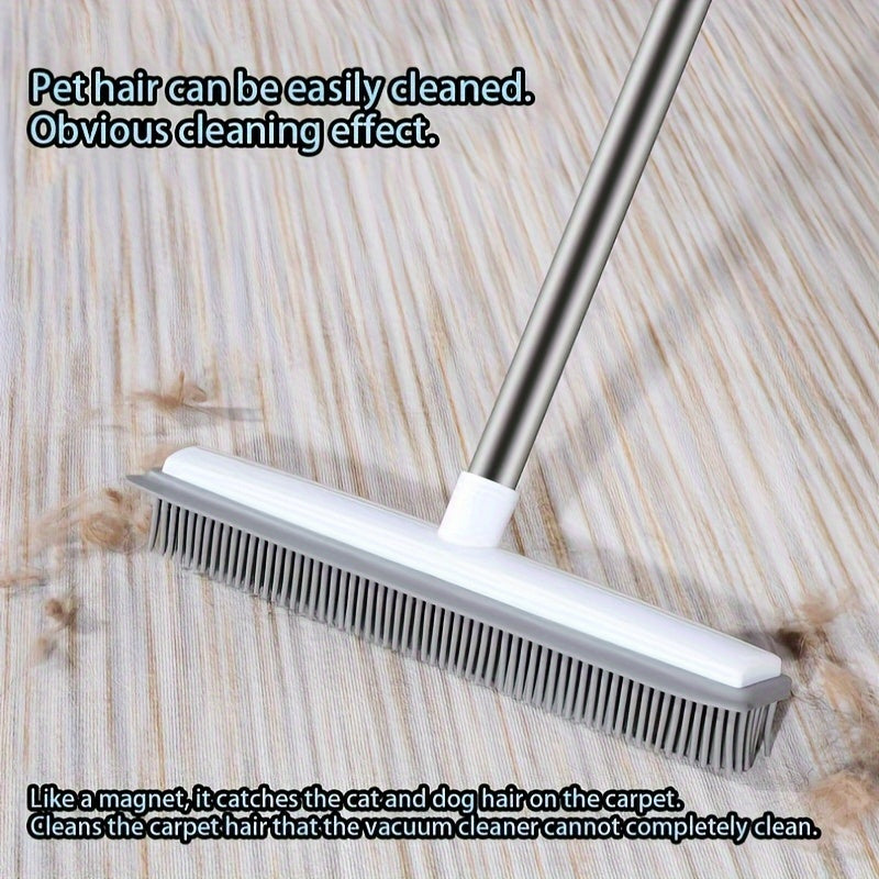 Extendable rubber broom with a scraper, made of stainless steel and silicone, designed for multi-function use on carpets, hardwood floors, tiles, and windows. This brush also functions as a retractable pet hair removal tool, perfect for use in the living