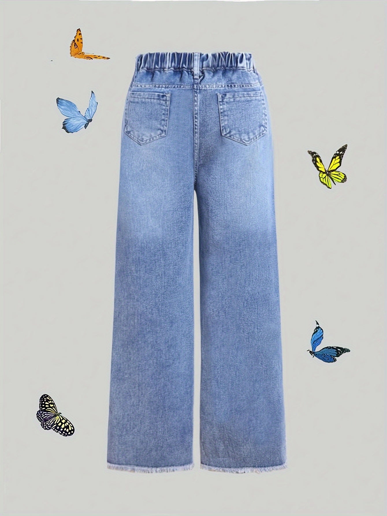 Stylish Butterfly Patched Straight Jeans for Girls, Casual Elastic Waist Denim Trousers - Suitable for Street/ Everyday Wear.