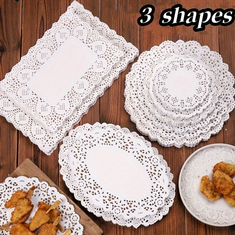 50 pieces each of lace paper, oil absorption paper pads, lace rolls, fried dim sum cakes, flower base paper, baking paper, food pads, pizza paper, and cake pads in three different shapes.