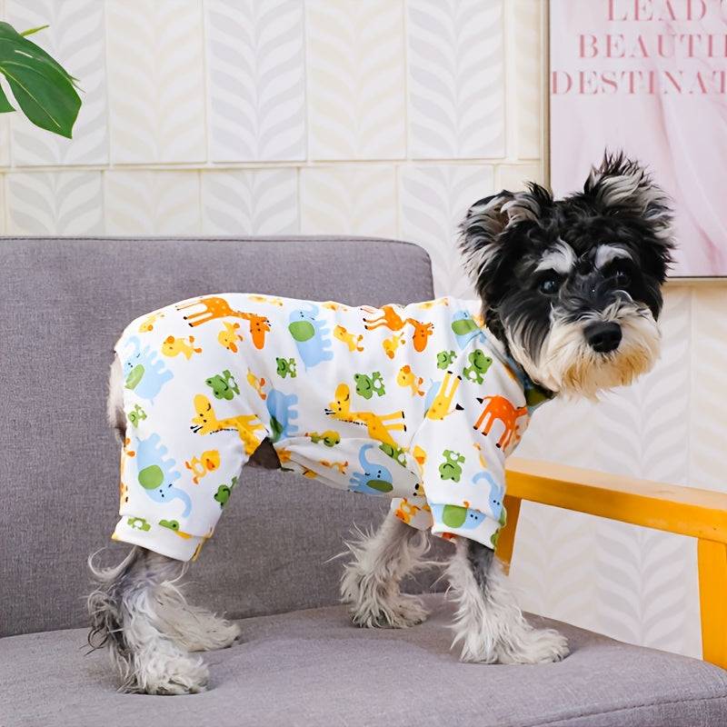 Cute dog pajamas with cartoon animal print, cozy polyester knit for small breeds, easy pullover style.