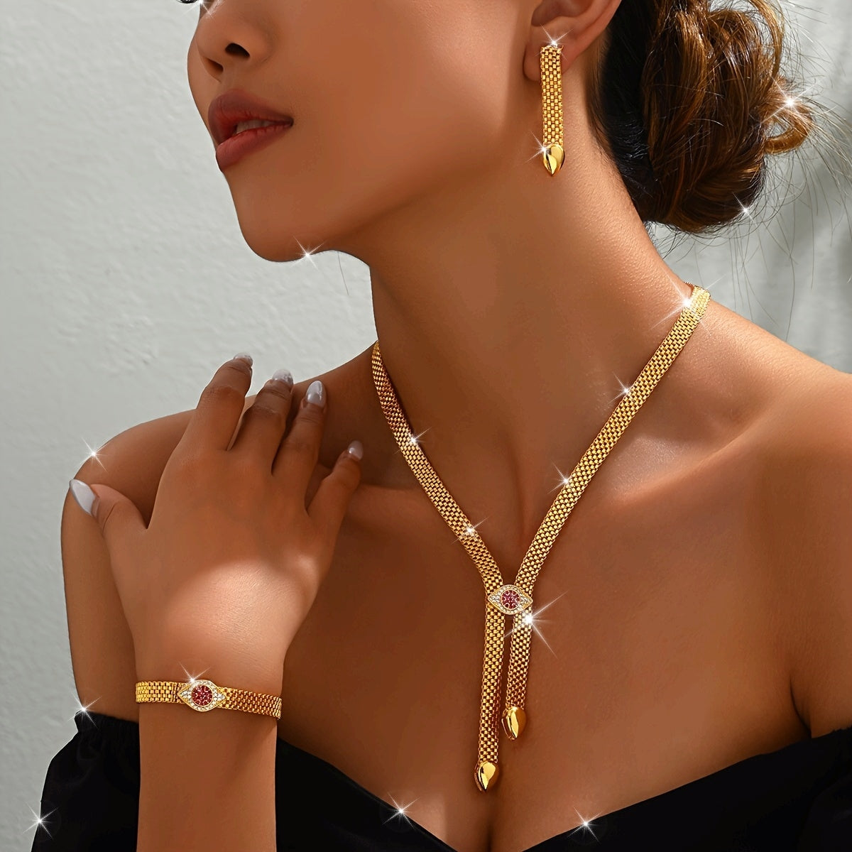 Elegant Vintage Tribal Jewelry Set: 3-Piece with 18K Gold Plating and Zirconia Detailing - Includes Copper Necklace, Drop Earrings, and Bangle for Weddings and Vacations - Timeless Accessory Set for Women