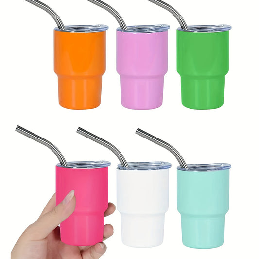 A set of 6 mini stainless steel wine glasses, vacuum straw water glasses with lid, perfect gift for on-the-go use.