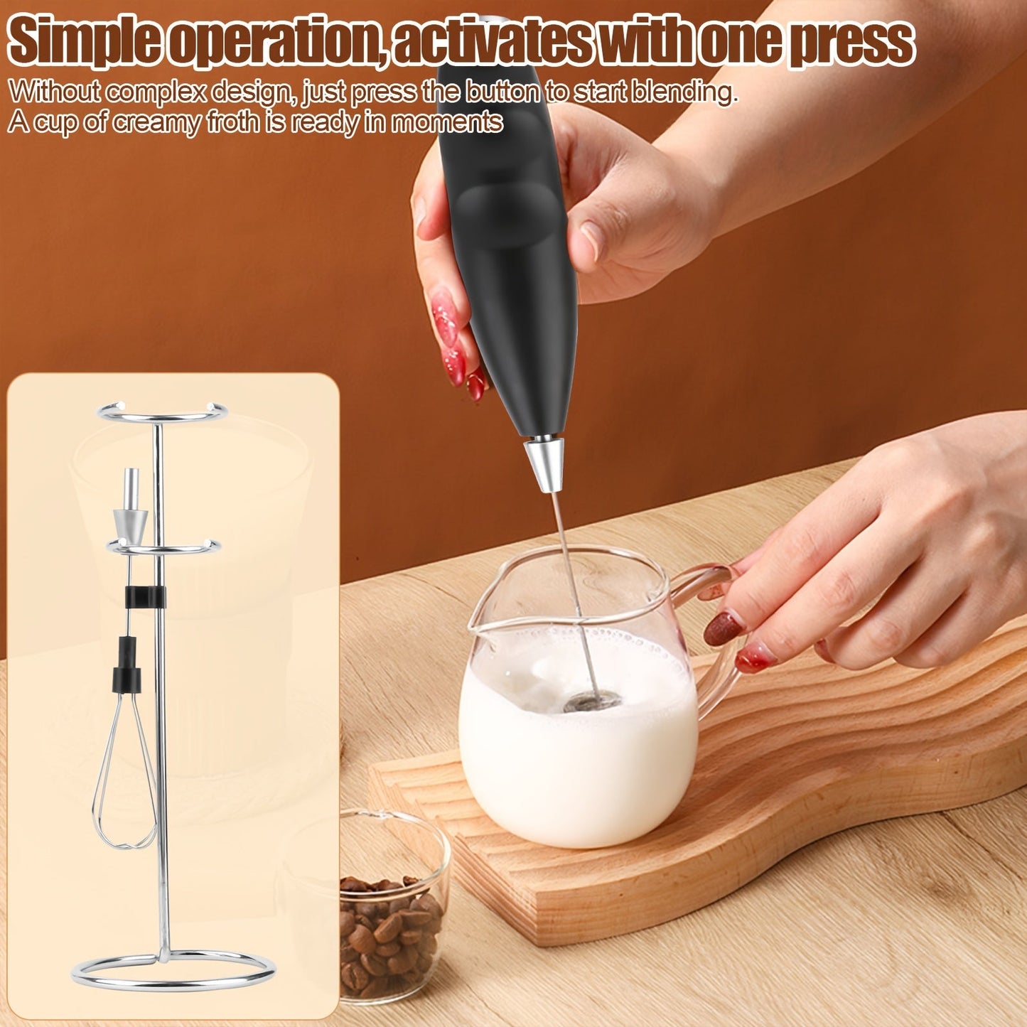 Stainless Steel Milk Frother with Easy-Clean Dual Head for Quick Foam - Battery-Powered (AA), Compact and Portable Design for Home, Office, and Coffee Shops. Made with PP Material and a Stable Base for Easy Disassembly and Cleaning.