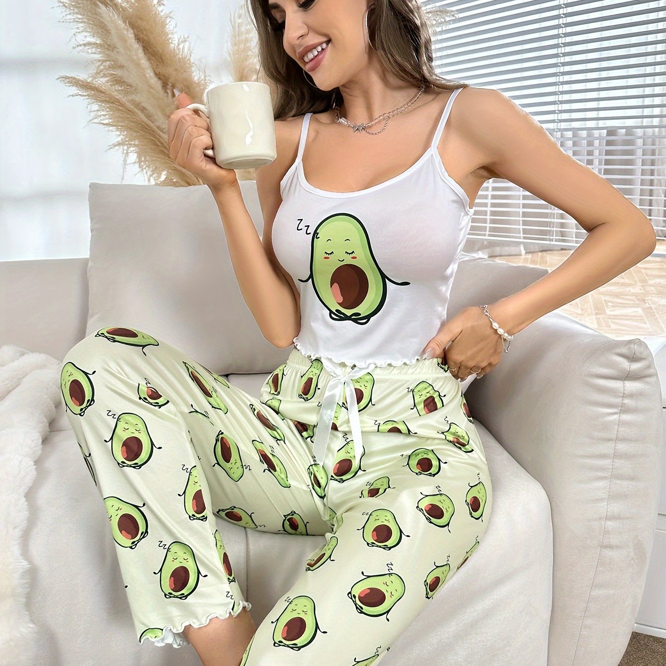 Graphic print lounge set with scoop neck lettuce trim cami top and pants, ideal for women's loungewear and sleepwear.