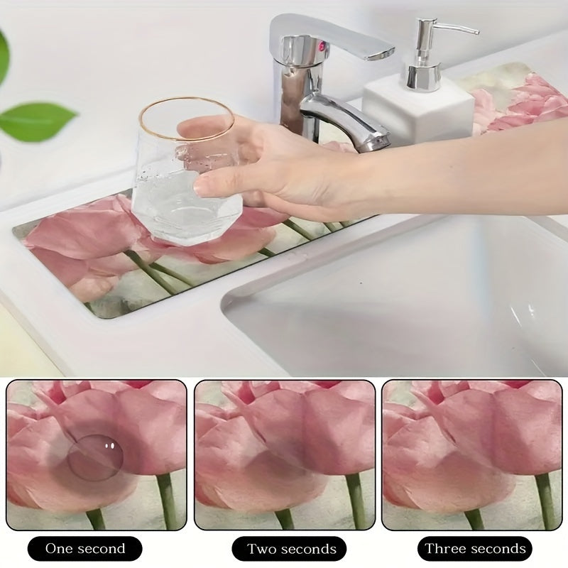 Floral Diatomaceous Earth Faucet Absorbent Mat - Prevents Splashing, Resists Moisture, and Provides Non-Slip Surface for Kitchen and Bathroom Countertops