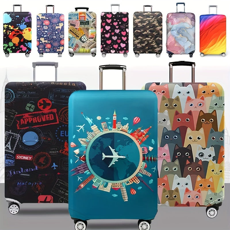 Cartoon patterned elastic luggage cover for travel suitcase or trolley duffle case.