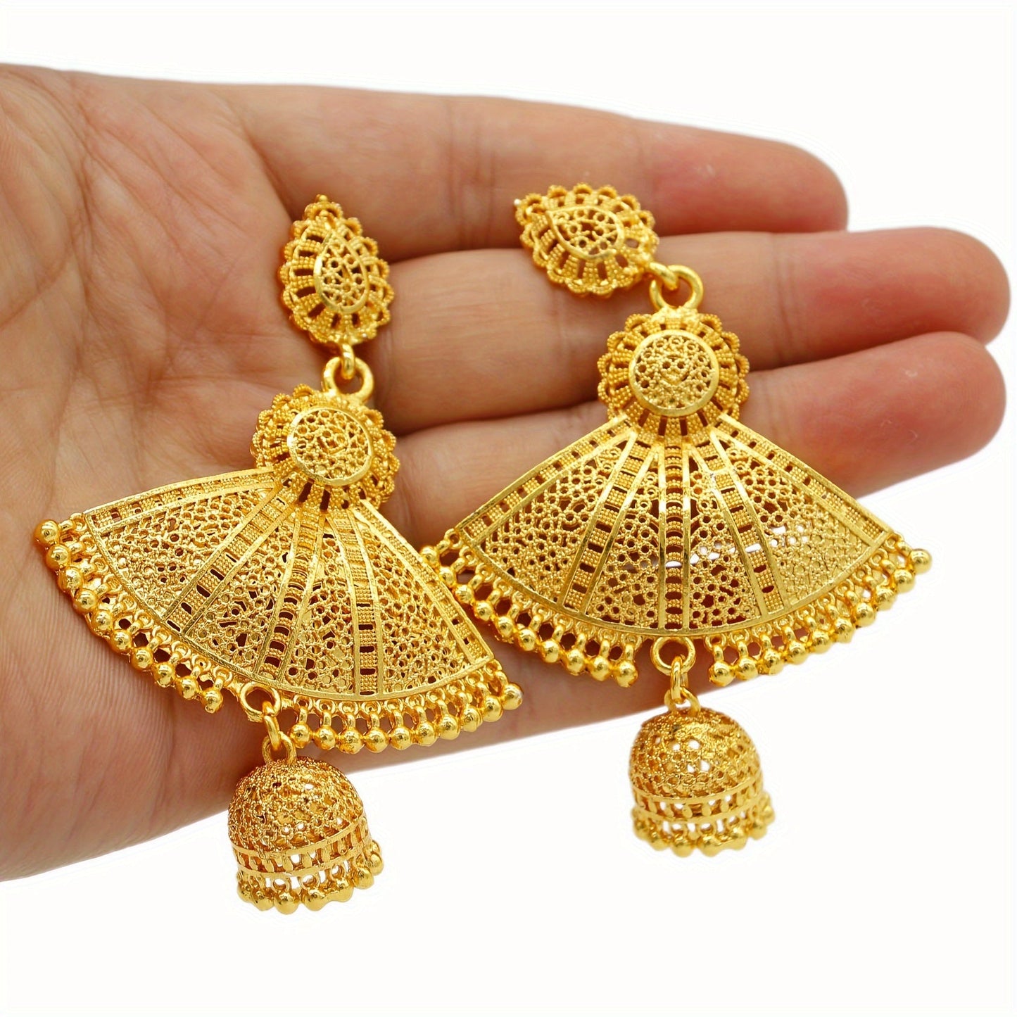 Golden alloy fan-shaped earrings designed for women, featuring a tribal, minimalist design without mosaic materials. Perfect for both casual daily wear and special occasions, these earrings are a versatile accessory that makes an ideal gift for birthdays