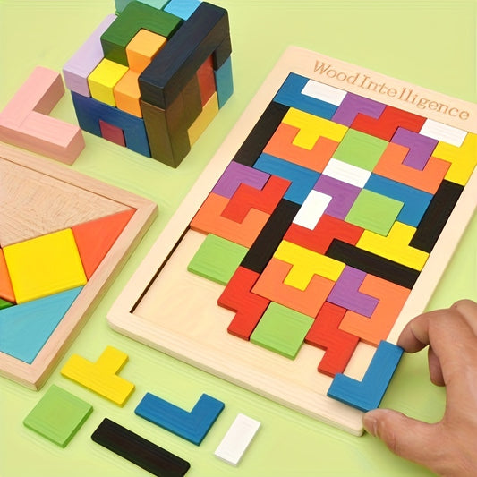 Colorful wooden 3D puzzle blocks for youngsters to enhance creativity and intelligence. STEM learning activity for cognitive development with multi-colored shapes on light brown wooden