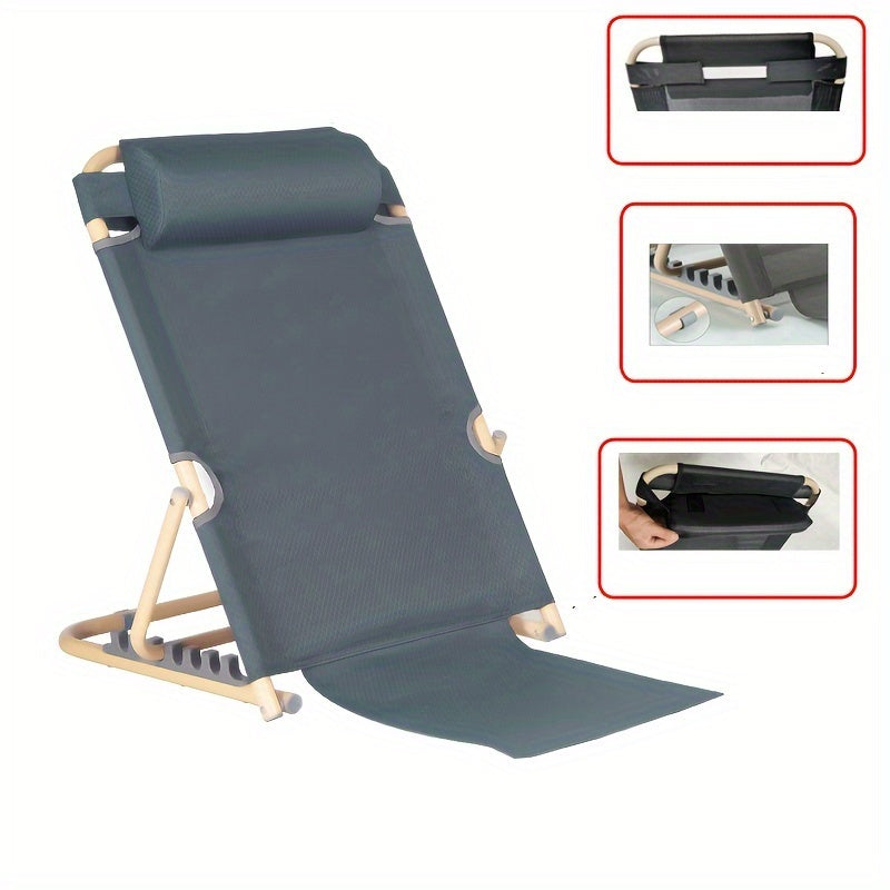 Grey Adjustable Backrest Chair made of Polyester Material, Folding Lazy Sofa suitable for Dormitory or Tatami Floor Lounger. This Large Size Bed Computer Chair comes with a Headrest and Extended Footrest.