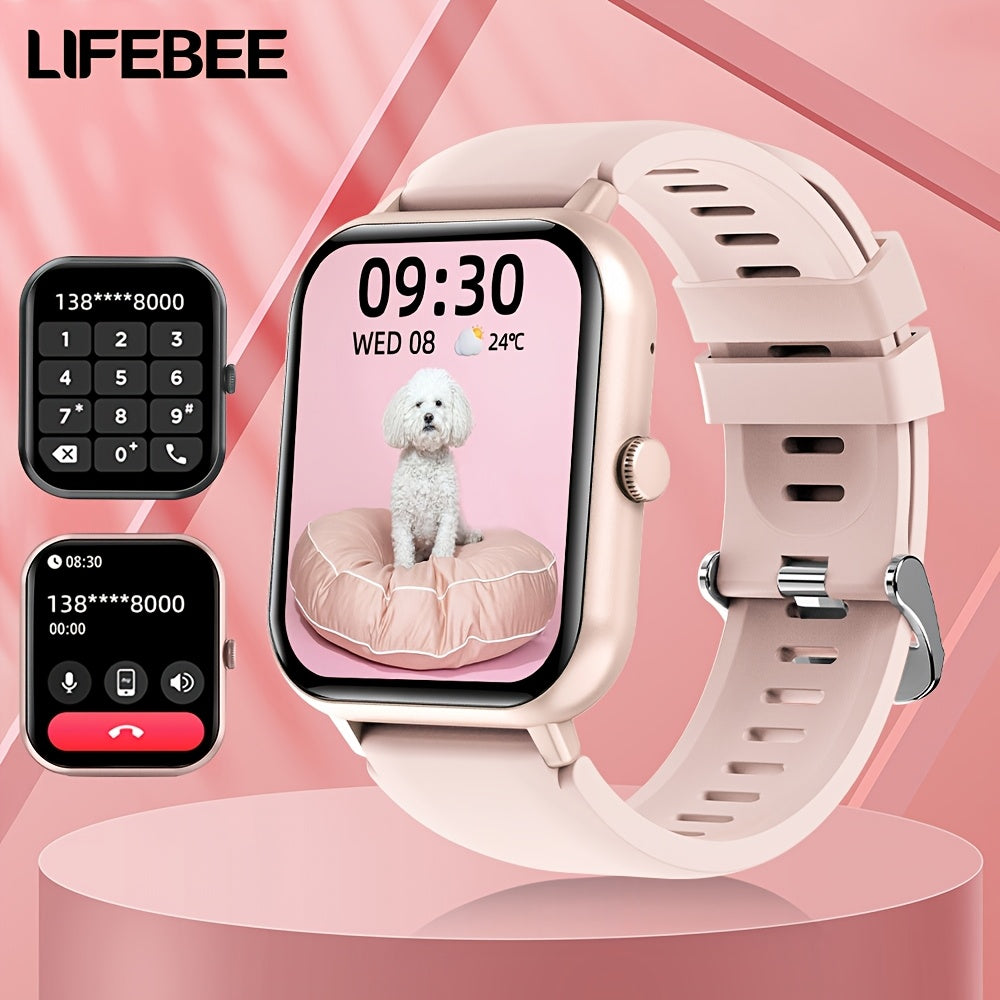 LifeBee Smartwatch: Full screen, call function, 100+ exercise modes, pedometer, calorie tracker, rechargeable, black & pink colors.