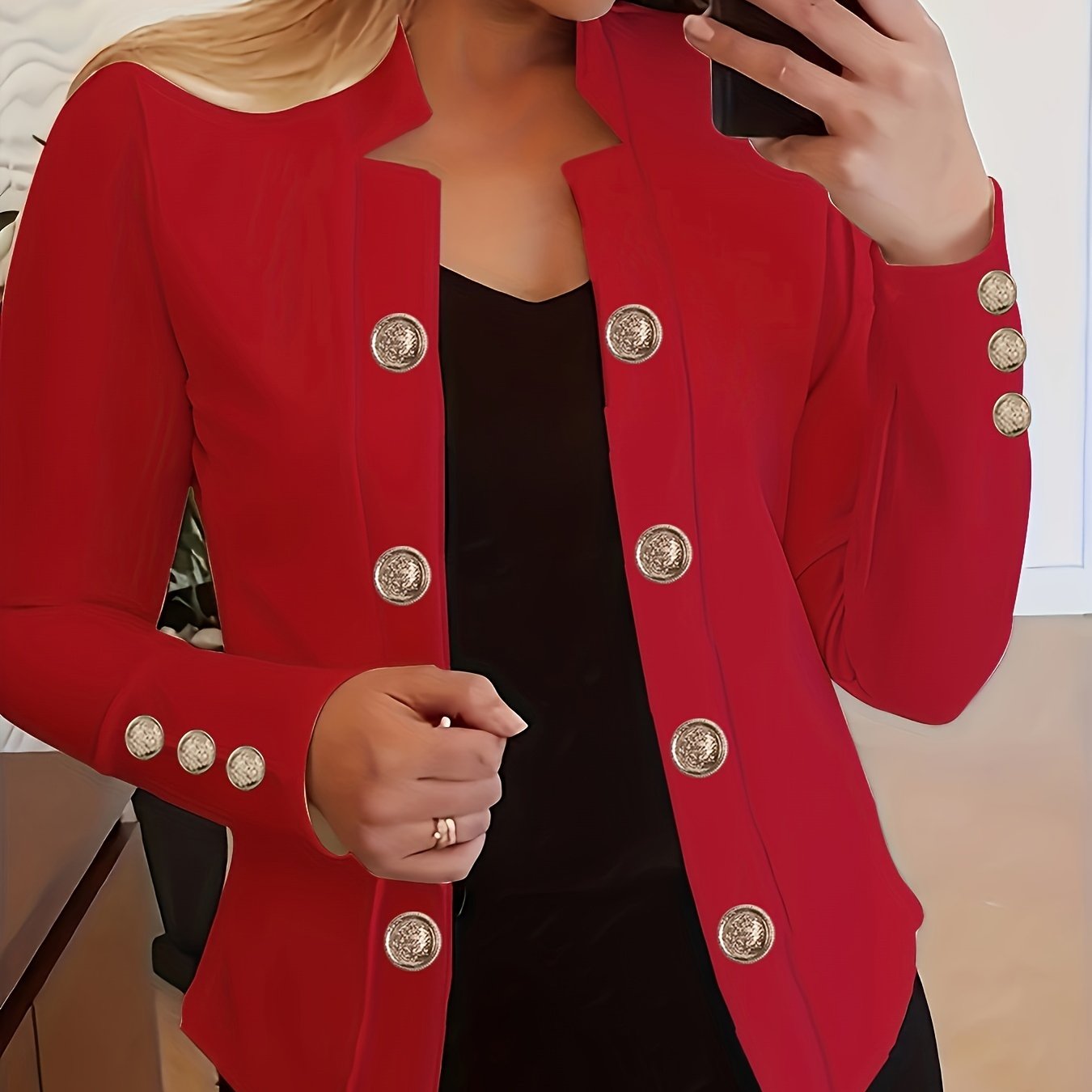 Elegant solid color women's knit jacket with double-breasted front and cuff buttons.