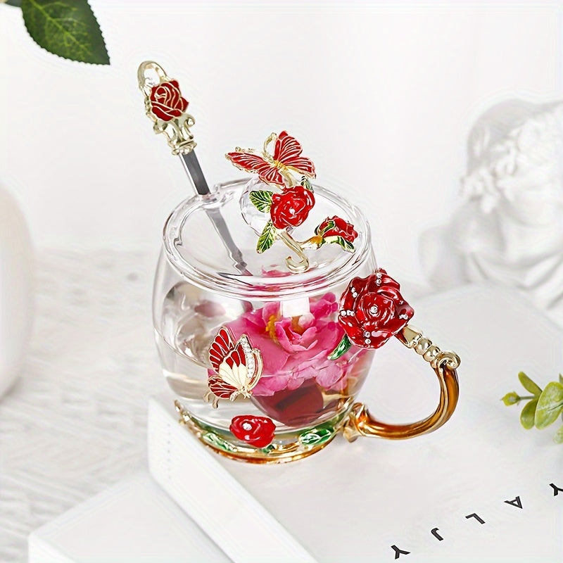 Rose enamel crystal tea cup featuring butterfly and rose design, heat resistant for coffee and water, perfect gift.