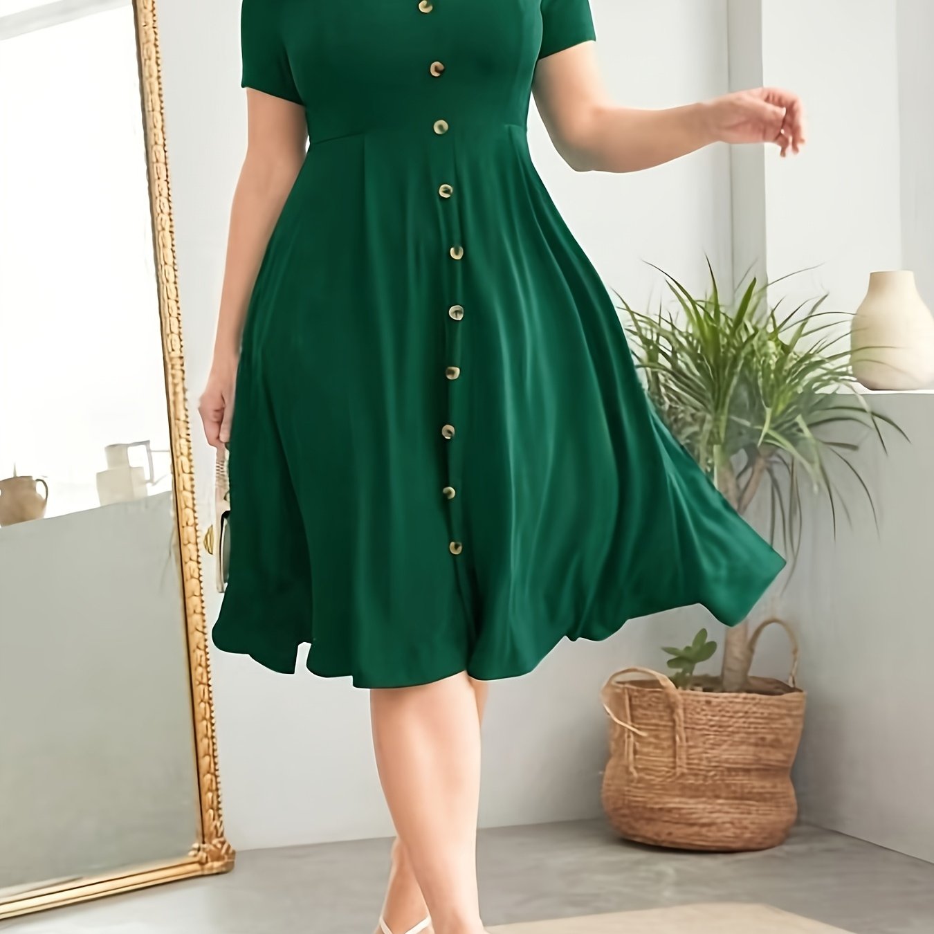 Polyester V-Neck Raglan Sleeve Dress with Fake Buttons, Flared Hem, Fitted, Elegant for Women, Weekend Casual, Spring/Summer