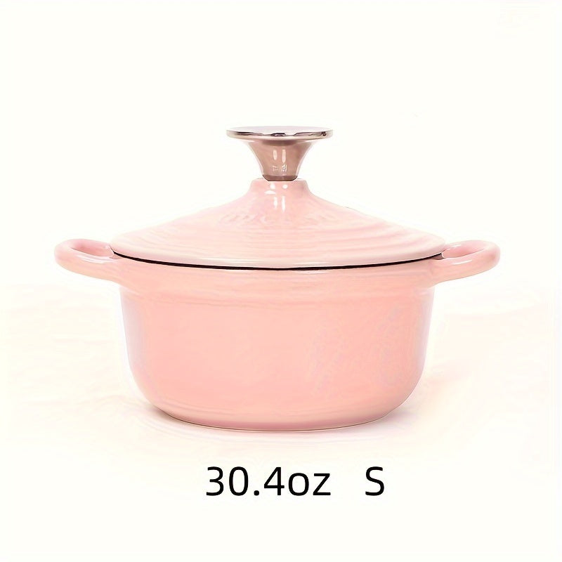 Enameled cast iron health pot, versatile for cooking rice and other dishes on induction, ceramic, electric, halogen, and gas cooktops. Comes in two sizes: 30.4oz and 60.8oz. Boasts enamel non-stick coating for easy cleaning.