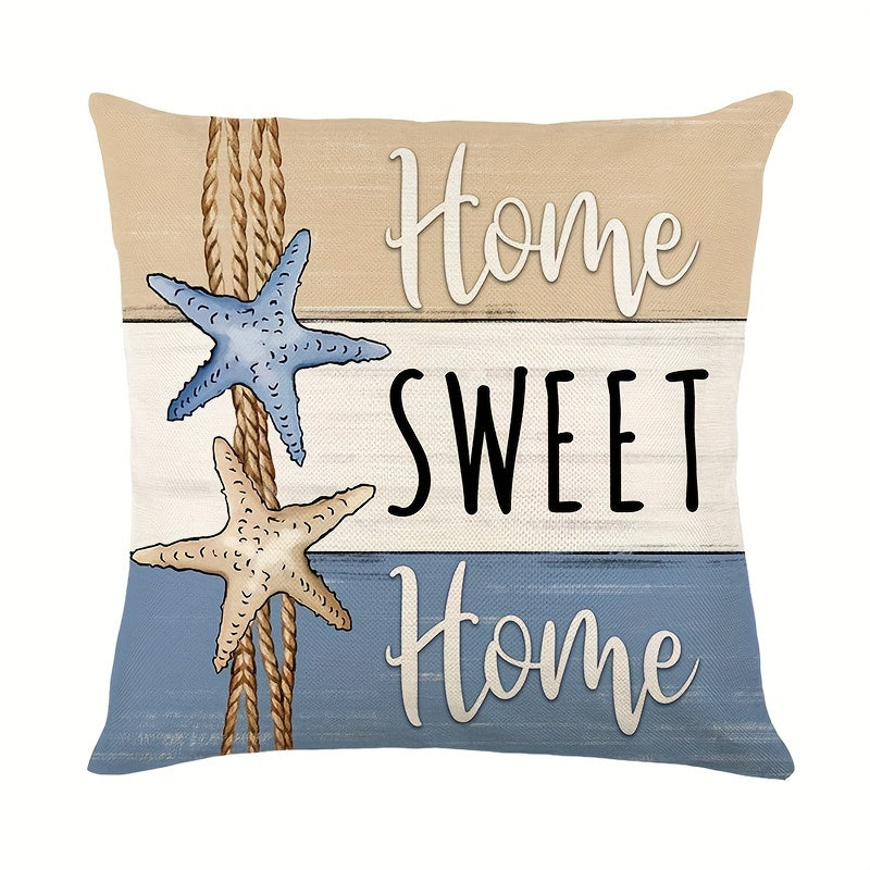 Summer starfish and shell throw pillow covers in a contemporary style, measuring 45.72x45.72 cm. Perfect for nautical ocean beach holiday theme decor, suitable for home, porch, patio, couch, sofa, and outdoor use. Made of durable polyester, pillow