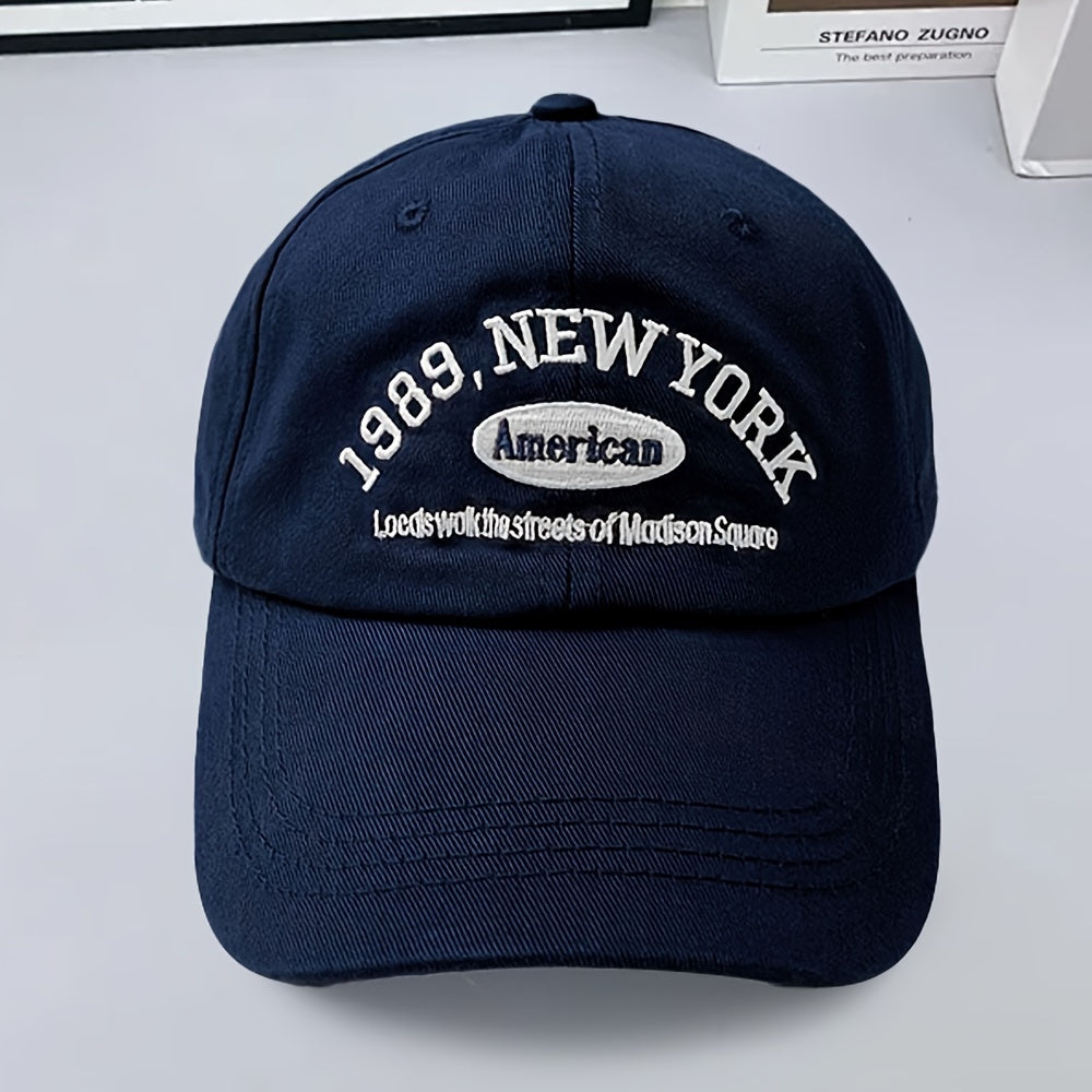 Polyester baseball cap with embroidered 1989 NY lettering. Hand wash only. Lightweight and non-stretch. Suitable for spring or autumn casual wear in a hip-hop style. Unisex design fits all