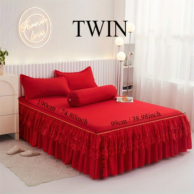 Chic 3-Piece Bed Skirt Set Featuring Double Layer Lace - Comes with 1 Bed Skirt and 2 Pillowcases, in a Solid Color. Non-Slip and Perfect for All Seasons, this Set is Machine Washable for easy care.