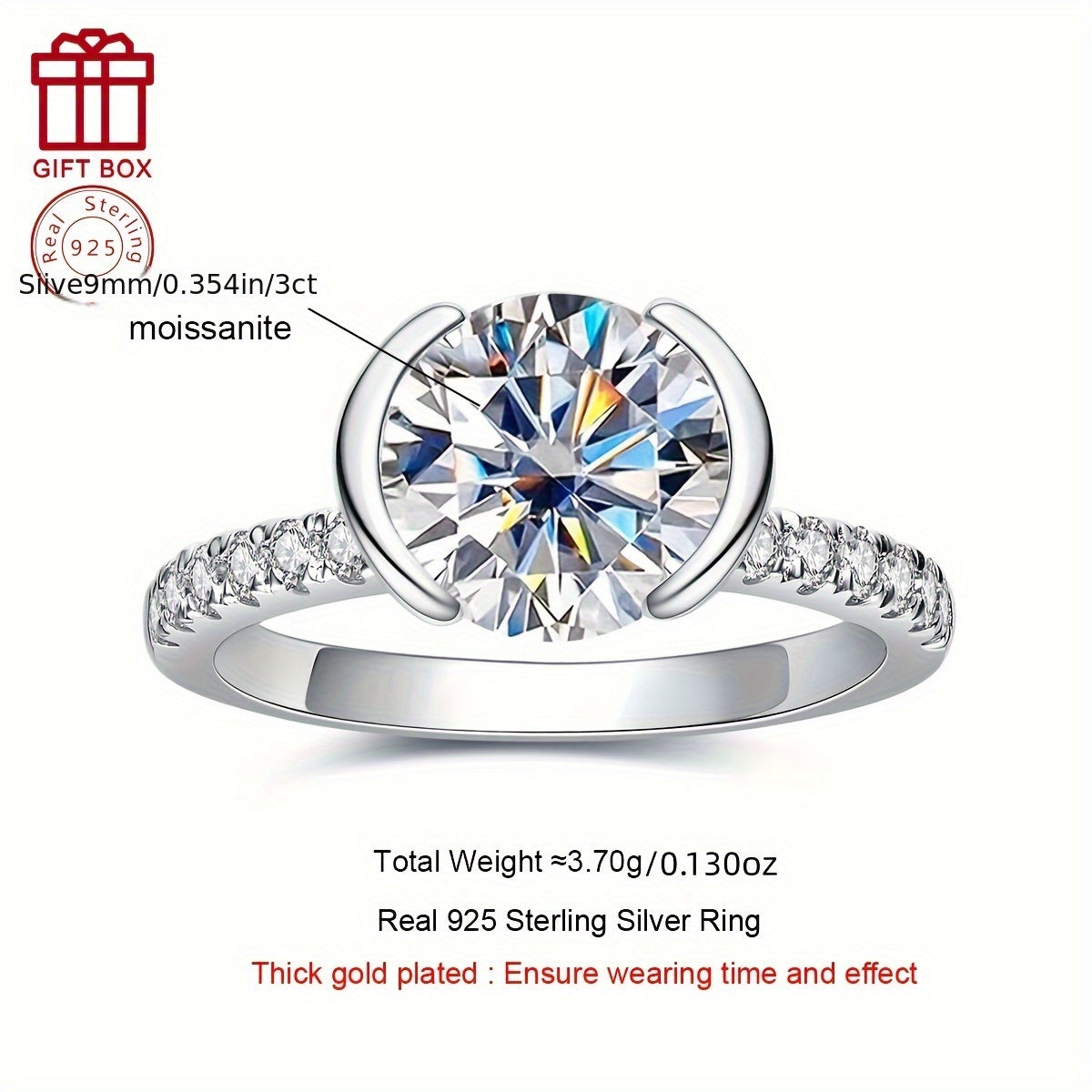 Stylish 925 Sterling Silver Moissanite Ring featuring a 9.0mm Half-Wrap Design, 3CT Total Carat Weight, and Lightweight 3.7g - Ideal for Wedding, Anniversary, or Gift Giving. A unique piece for Women's Fashion, a perfect Friend or Bridesmaid Gift option.