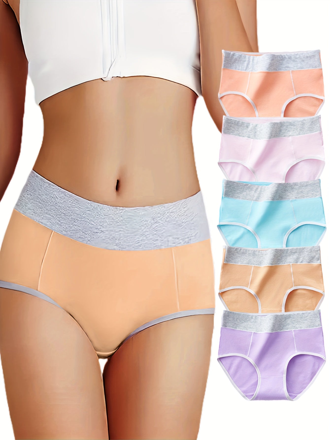 Five women's hipster panties in pastel color block design with stretchy, breathable fabric. Hand washable and comfortable fit with hipster cut and cute spandex blend.