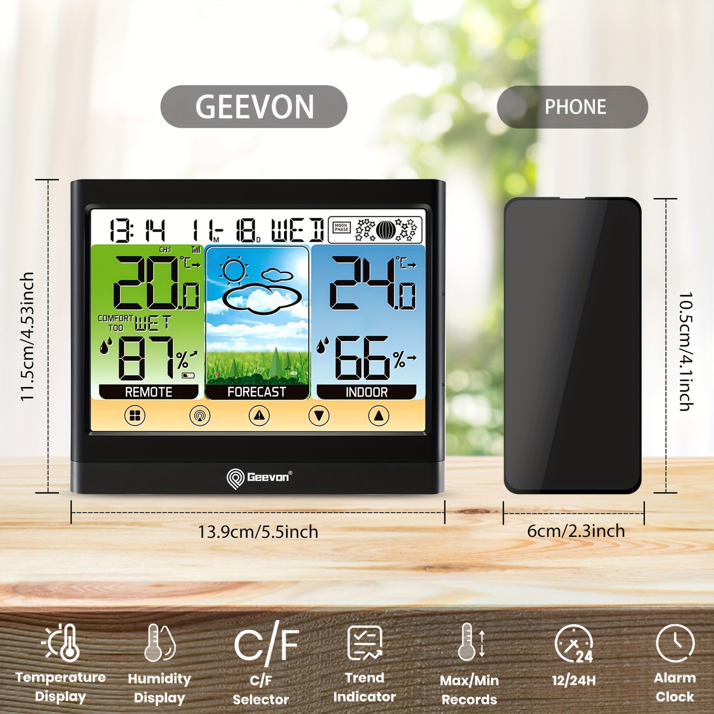 GEEVON Wireless Temperature Humidity Meter with Dew Point, Heat Index, Touch LCD display, Alarm, Adjustable Backlight, RFID function, and AC power supply. Made of ABS material.