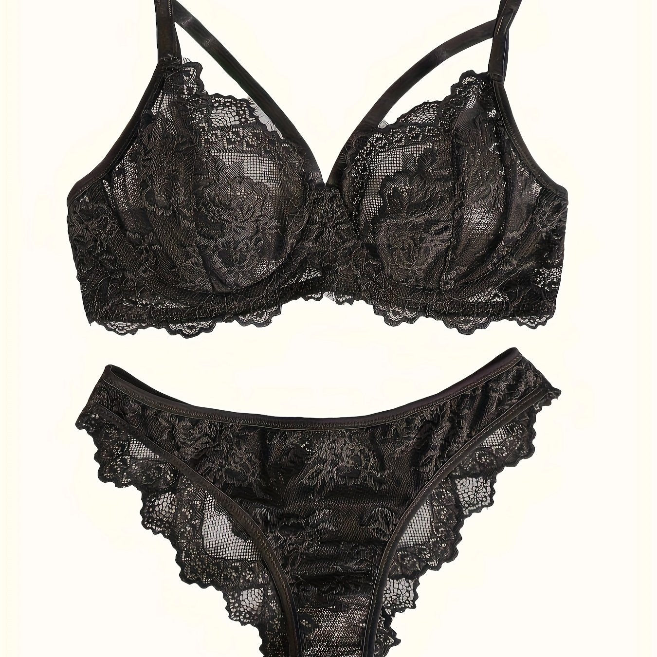 Floral lace lingerie set with underwire bra and briefs for women.