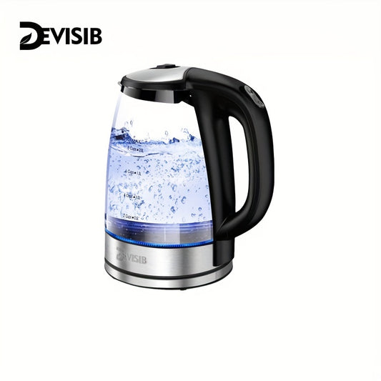 DEVISIB 2.0L Electric Glass Kettle - 2200W Fast Boiling, LED Indicator, Removable Filter, Auto Shut-Off & Boil-Dry Protection, Ideal for Coffee, Tea & Hot Water, Matte Black