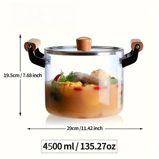 Glass Soup Pot with Lid and Double Wooden Handles - Perfect for Cooking Pasta, Noodles, Soup, Juice, and Milk. This Household Kitchen Cooker is a Safe and Reliable Glass Cookware Option for all your cooking needs. Complete your Kitchen Supplies with this