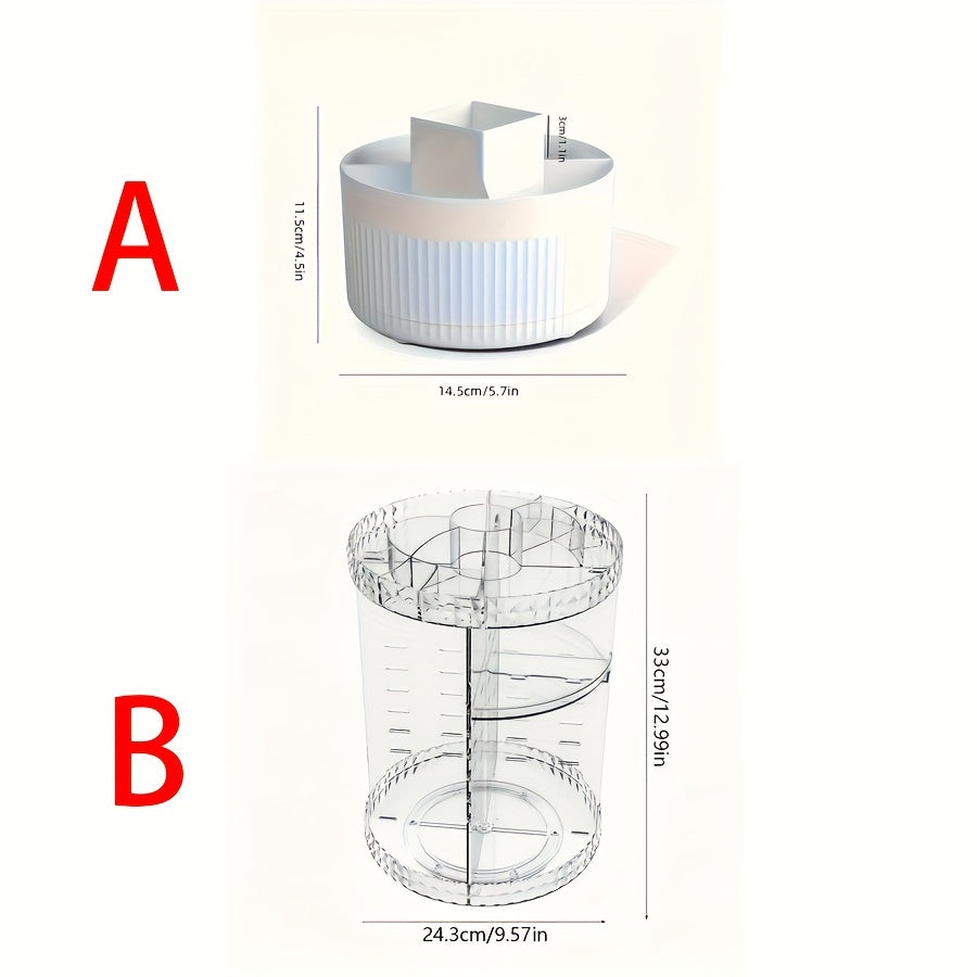 Rotating makeup organizer for versatile cosmetic storage, including pen holder. Ideal for vanity and desk organization.