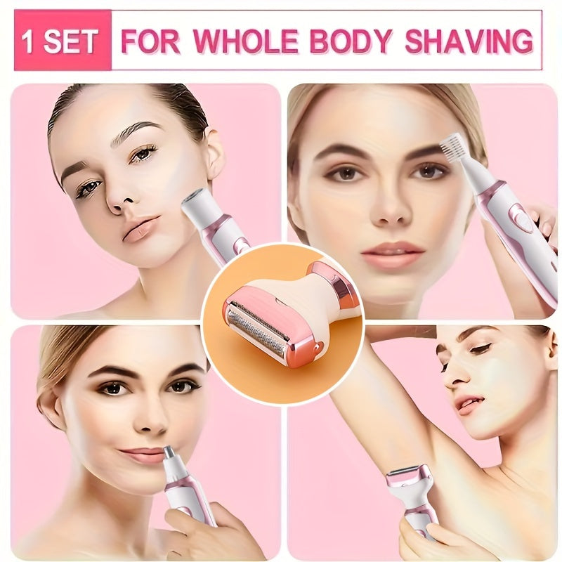 Women's electric razor kit with 4 functions: face, nose, legs, and bikini area shaving. USB rechargeable, painless design, suitable for wet/dry use. Portable with 500mAh lithium battery.