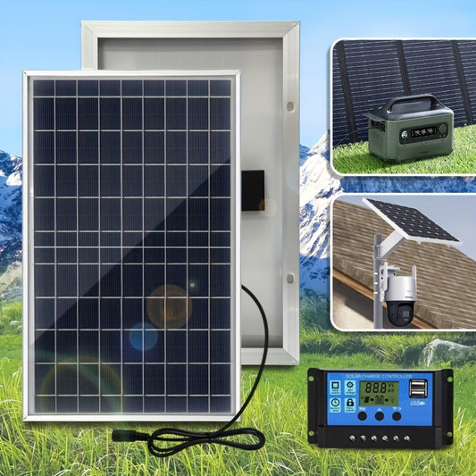 Portable solar charging kit with 18V DC interface, 60A/80A/100A controller & USB - perfect for power banks, camping, hiking, vehicles, boats, phones, street lights, pet beds and more.