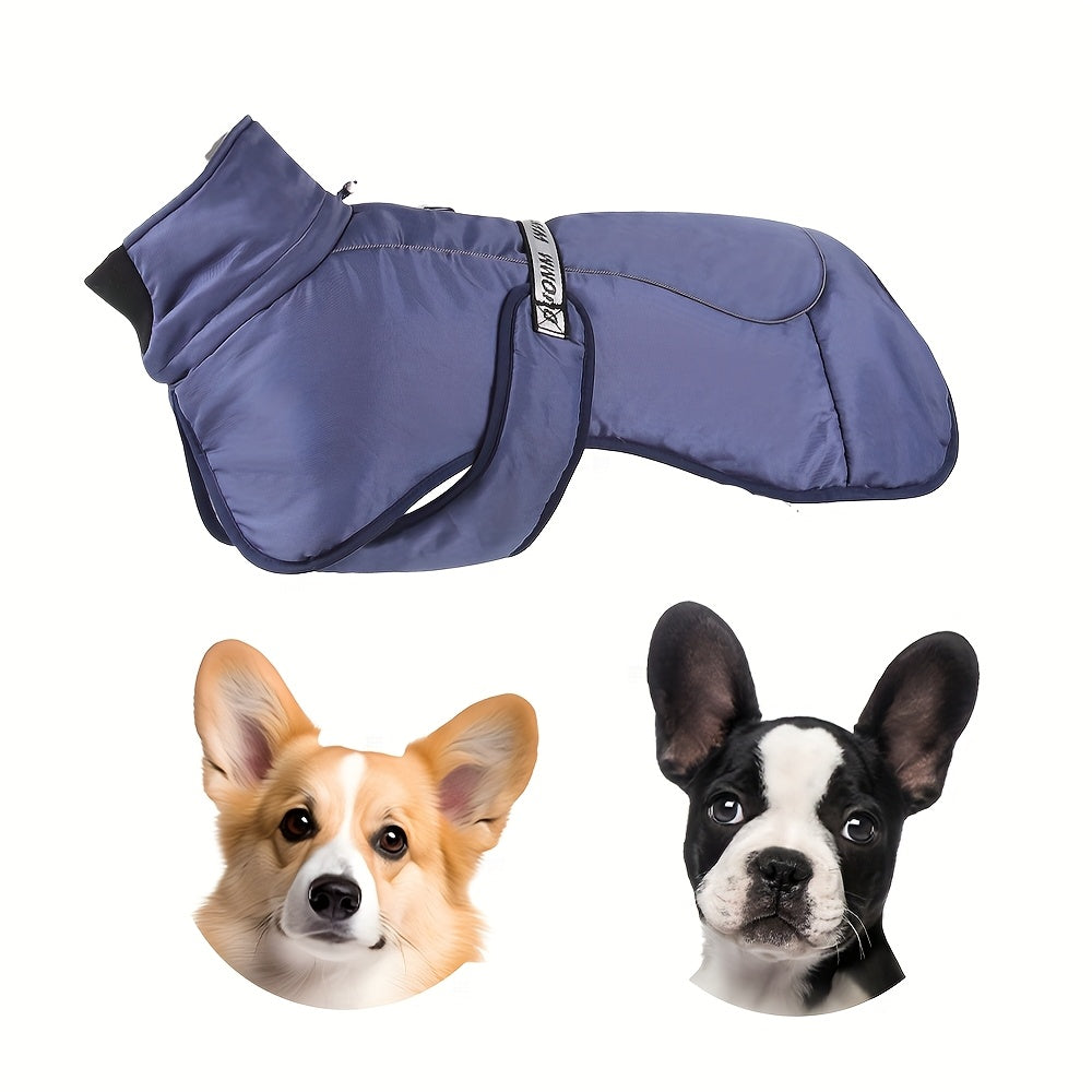 Waterproof and windproof jacket with cozy fleece lining for dogs of all sizes.