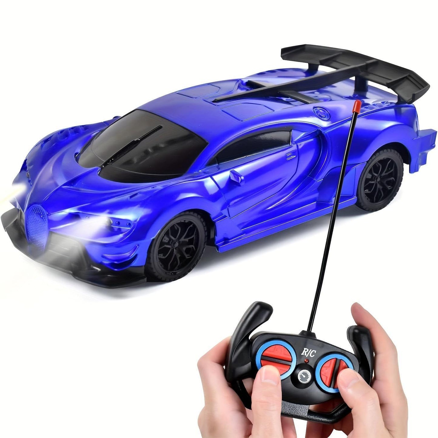 Battery-powered blue remote control car toy for youngsters 3+, made of durable plastic with button control and sedan design - ideal gift for boys & girls.